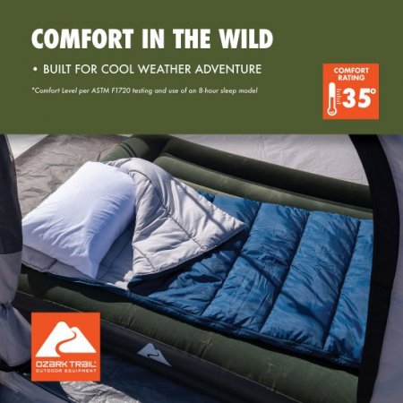 Ozark Trail 35-Degree Cool Weather Rectangular Sleeping Bag,Blue,33"x77"