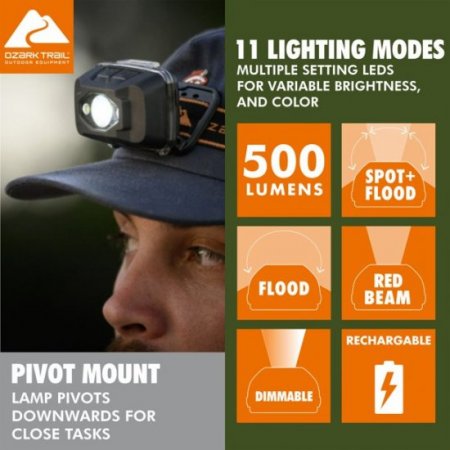 Ozark Trail 500 Lumen LED Headlamp with Hybrid Power (Alkaline and Rechargeable Batteries)-Black